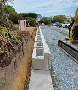 A row of concrete blocks on a road

Description automatically generated