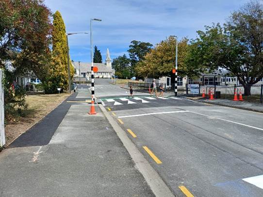 A street with a crosswalk and trees

Description automatically generated