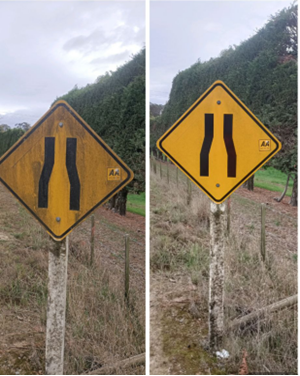 A yellow road sign with black markings

Description automatically generated