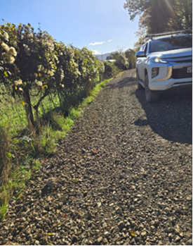 A car parked on a gravel road

Description automatically generated